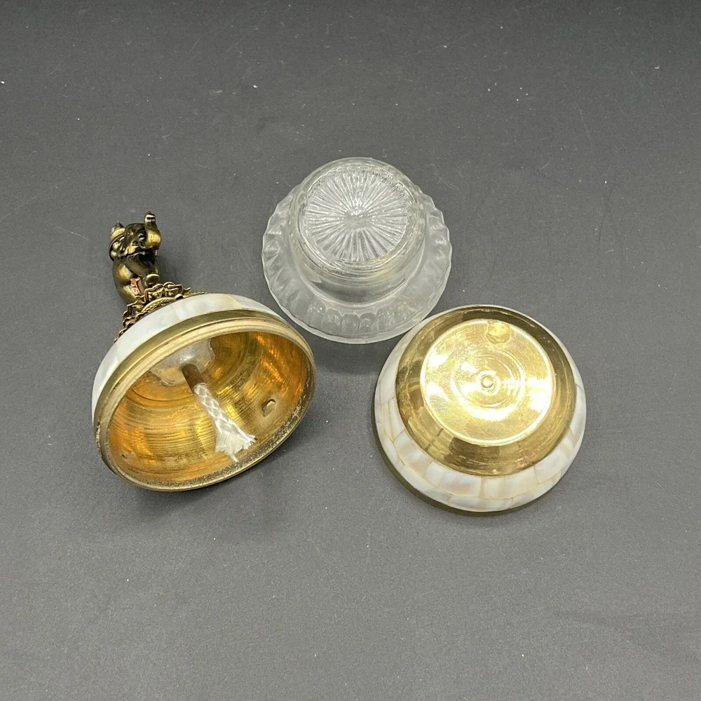 Ornate Brass Mother of Pearl Elephant Oil Lamp Glass Decorative Jeweled 4.5